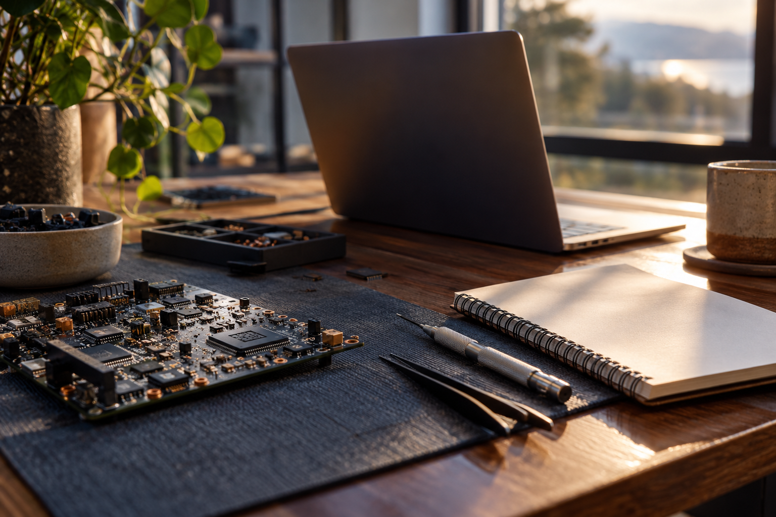 Illustrative electronics workbench with a circuit board, notebook and laptop